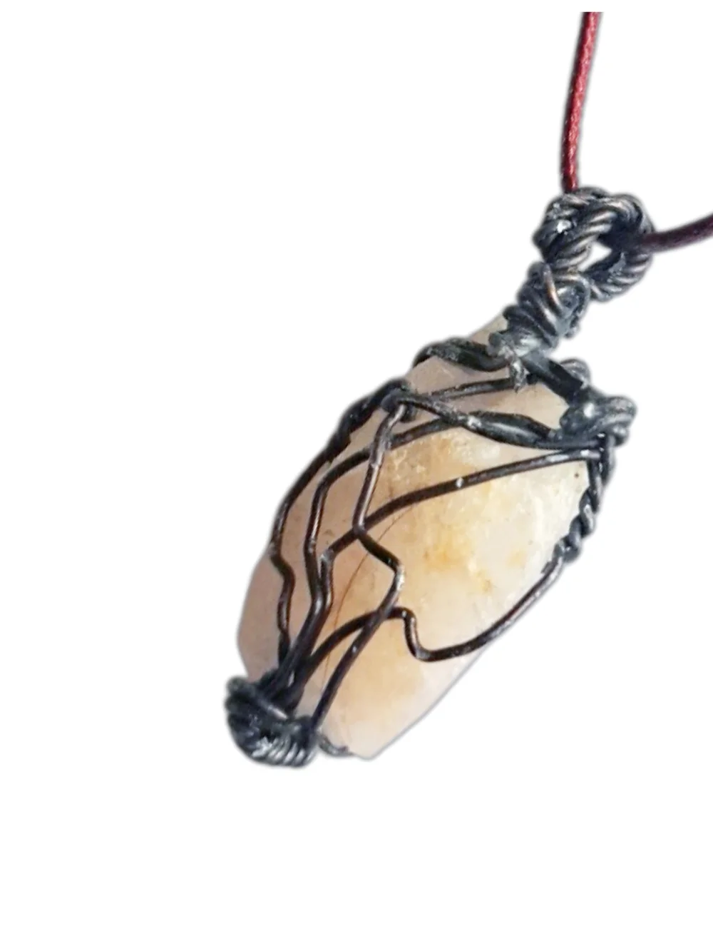 Light Pink Quartz Stone Pendant with Black Wire & Brown Cord Necklace NWOT